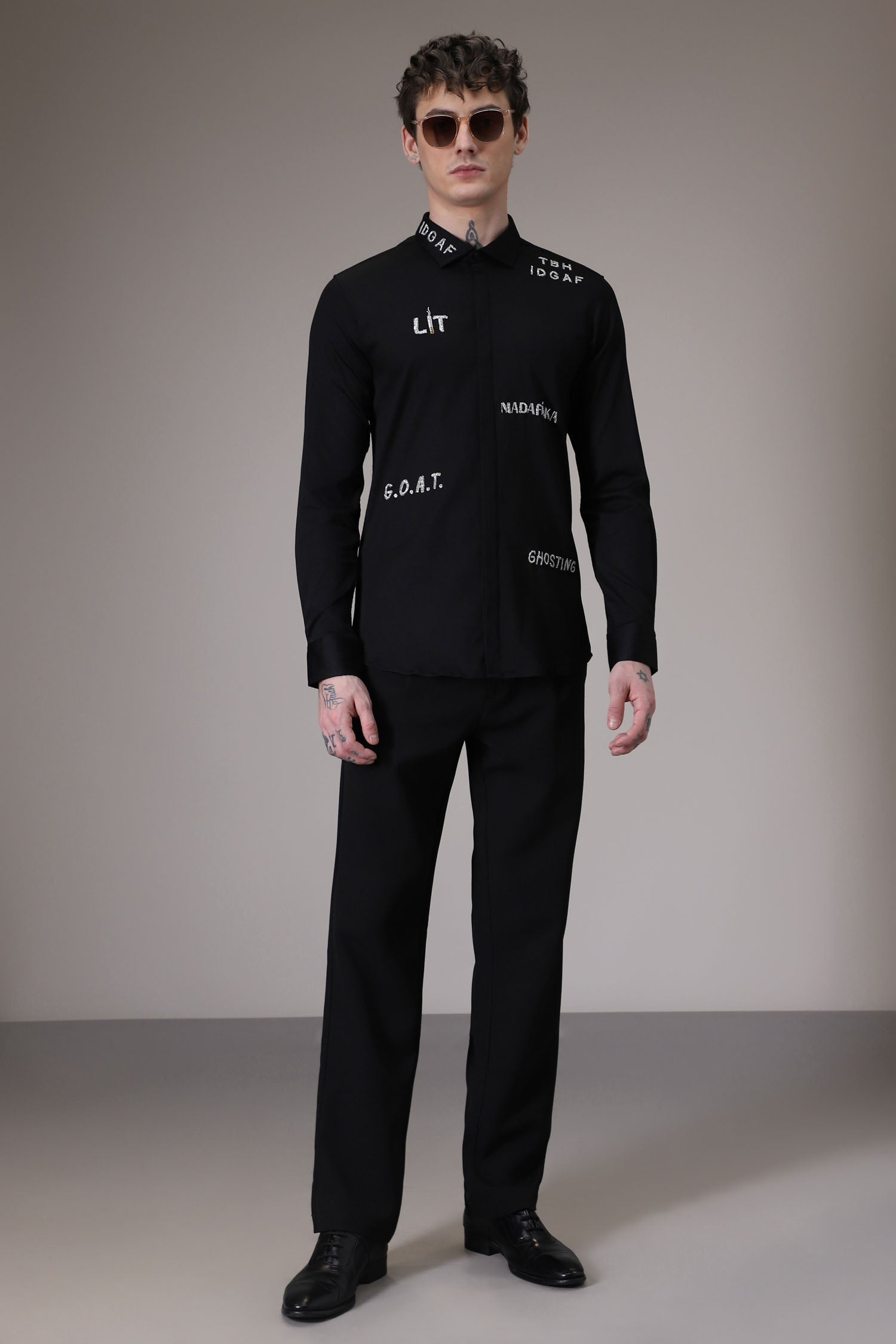 Idgaf hand embroidered designer shirt - Black