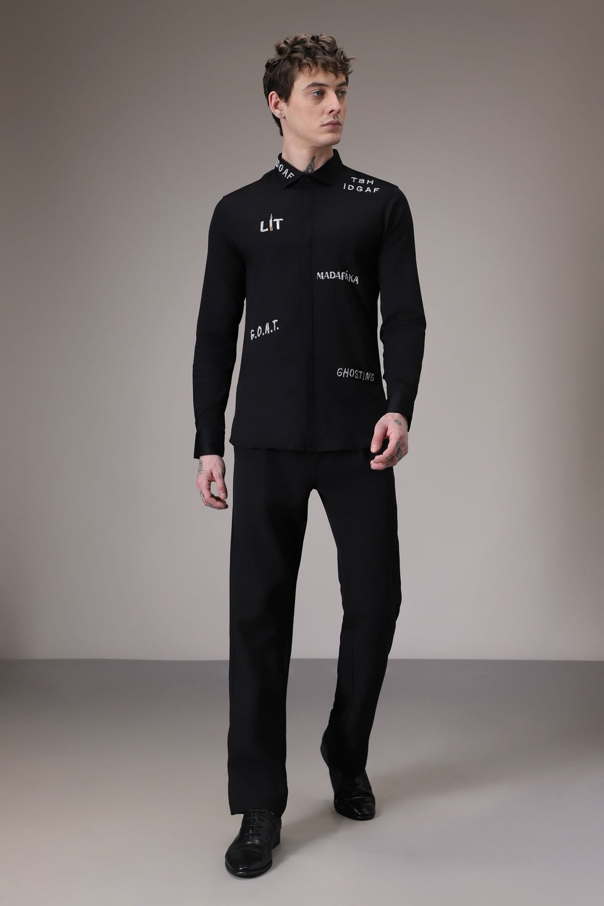 Idgaf hand embroidered designer shirt - Black