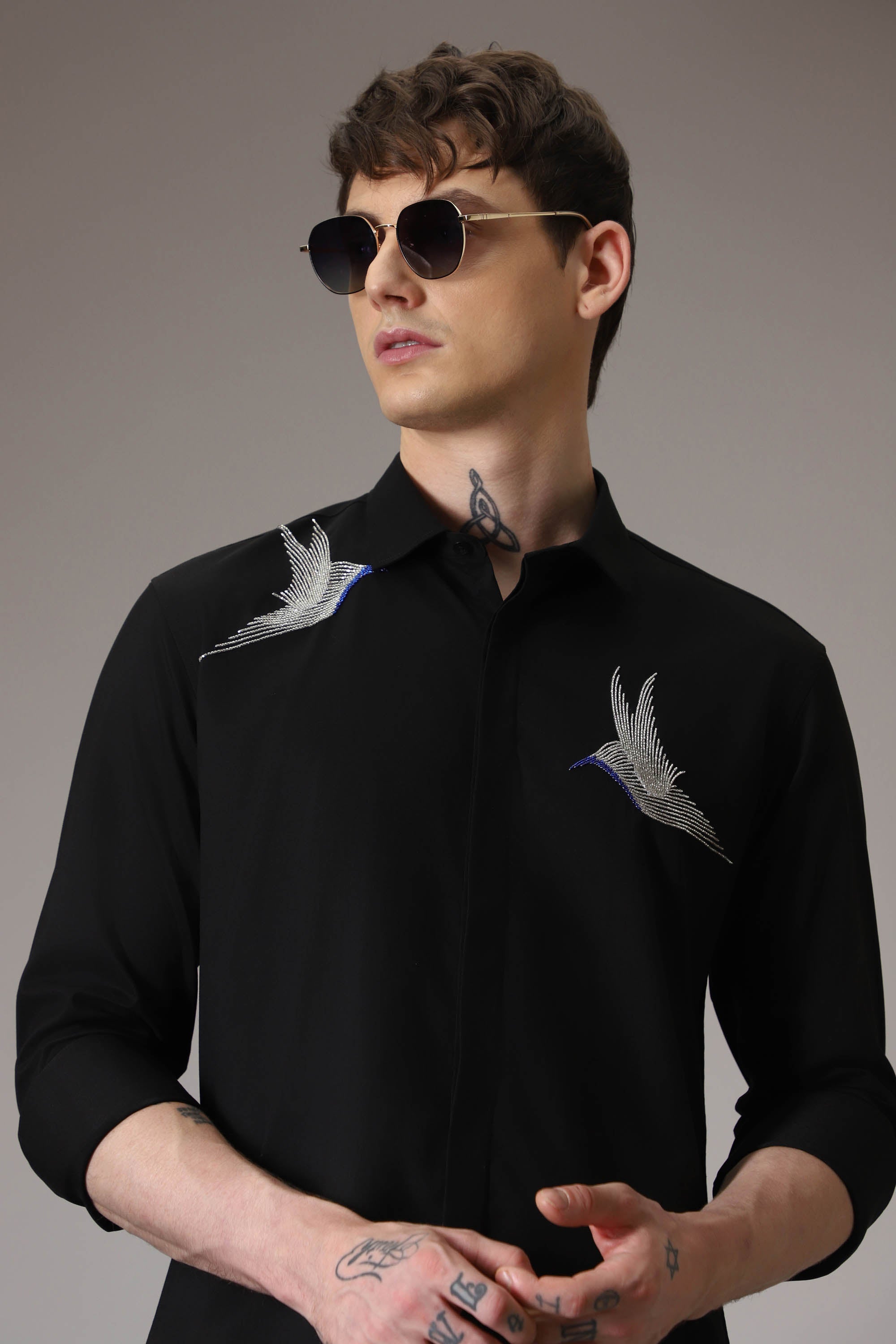 Birds hand embroidered designer shirt - Black