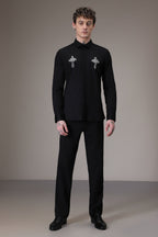 Cross hand embroidered designer shirt - Black