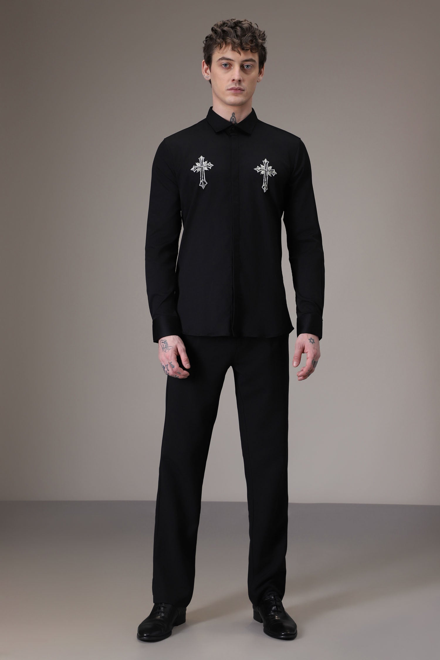 Cross hand embroidered designer shirt - Black