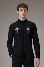 Cross hand embroidered designer shirt - Black