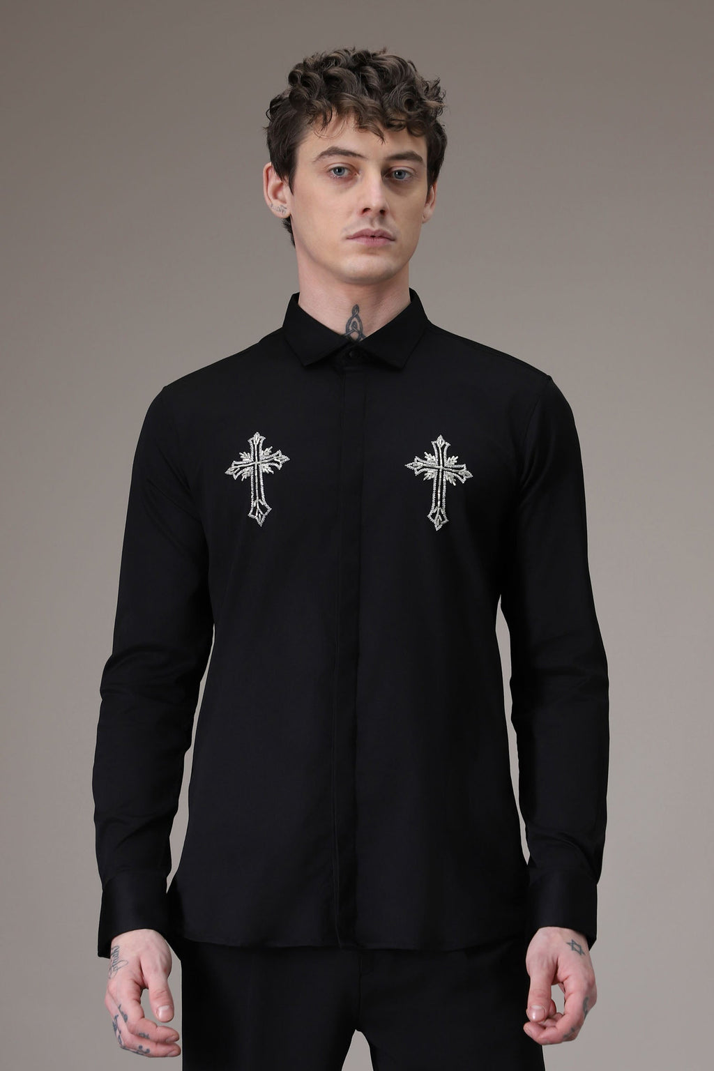 Cross hand embroidered designer shirt - Black