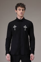Cross hand embroidered designer shirt - Black