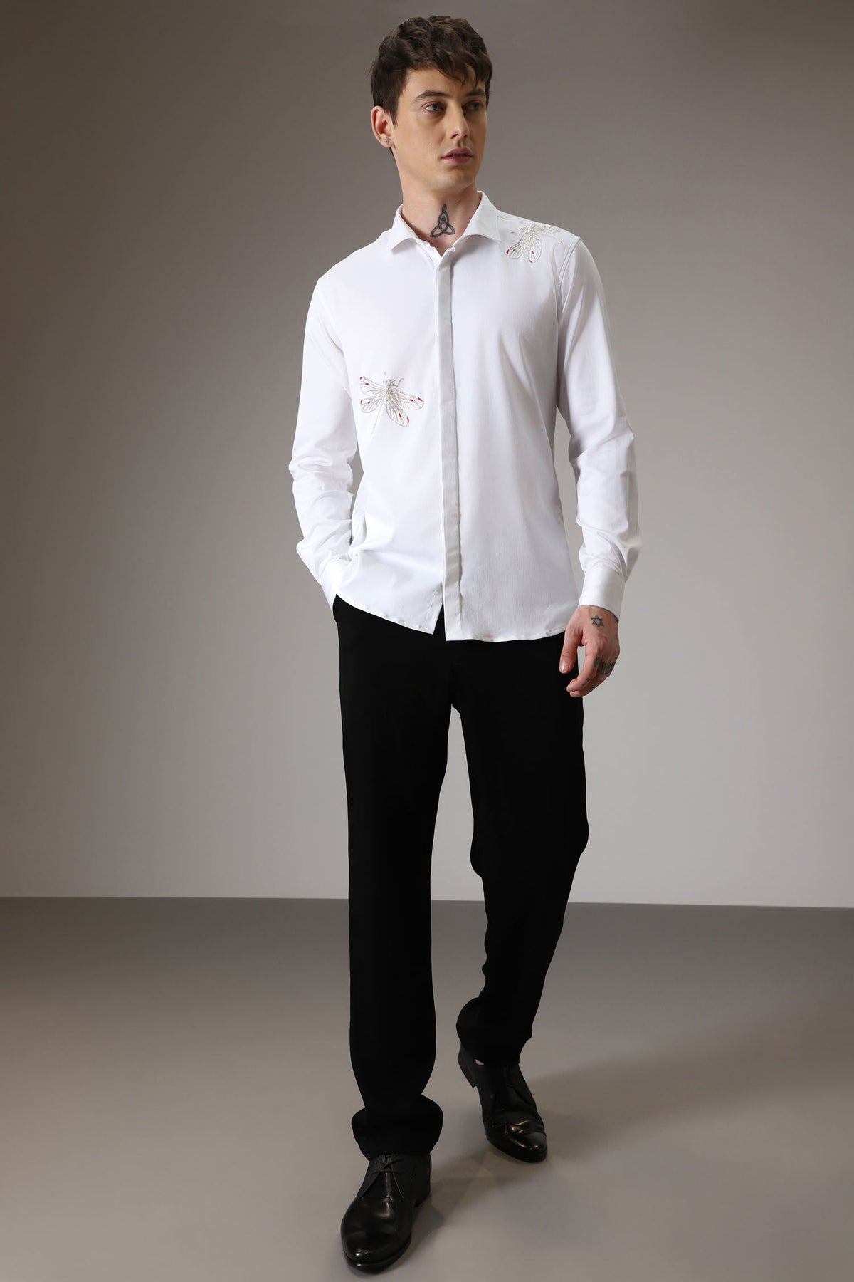 Dragonflies hand embroidered designer shirt - White