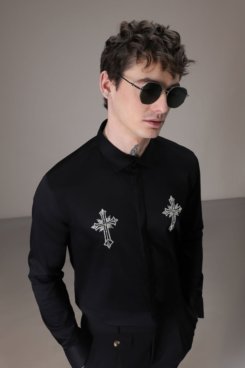 Cross hand embroidered designer shirt - Black