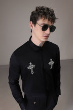 Cross hand embroidered designer shirt - Black