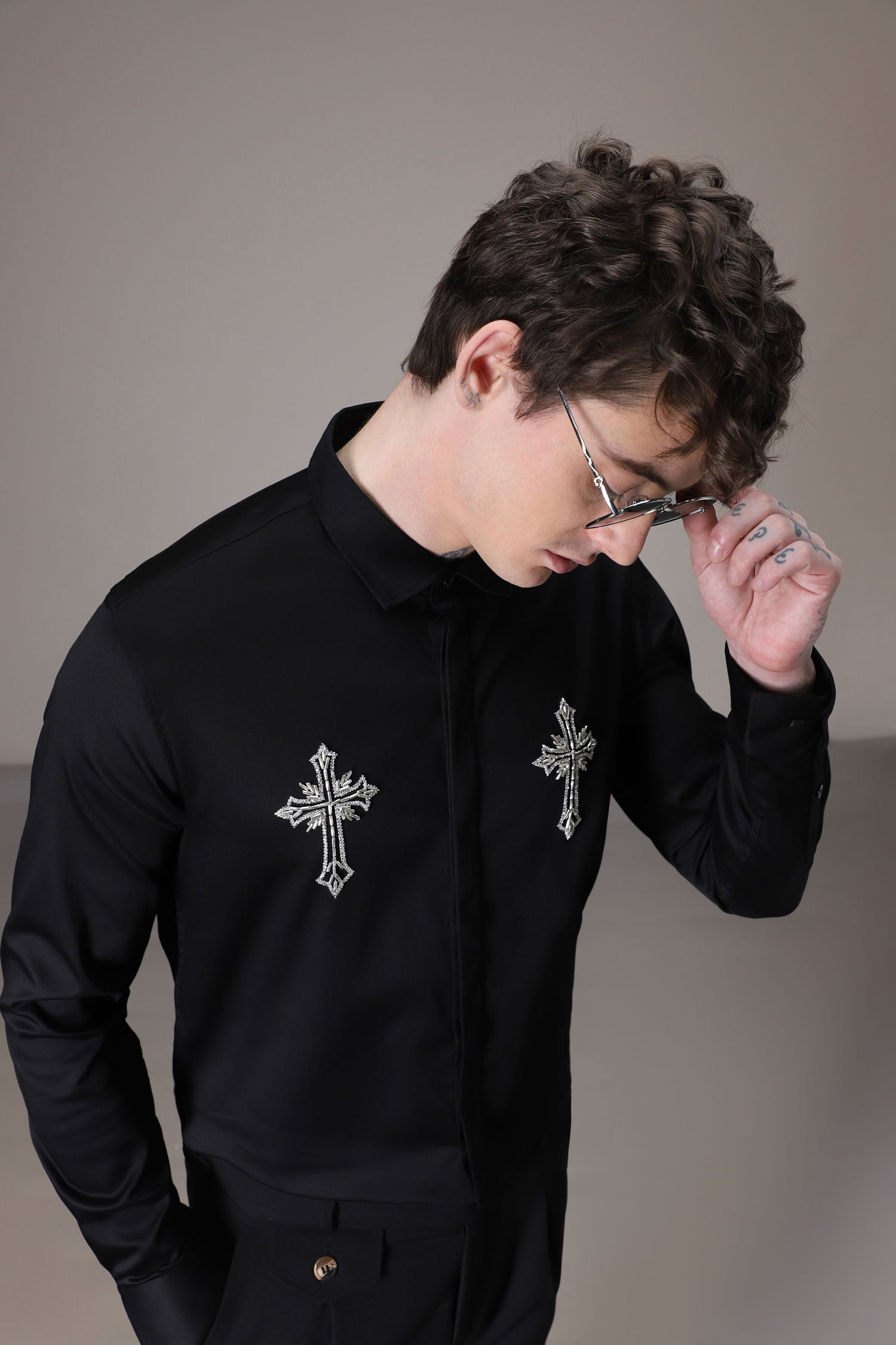 Cross hand embroidered designer shirt - Black