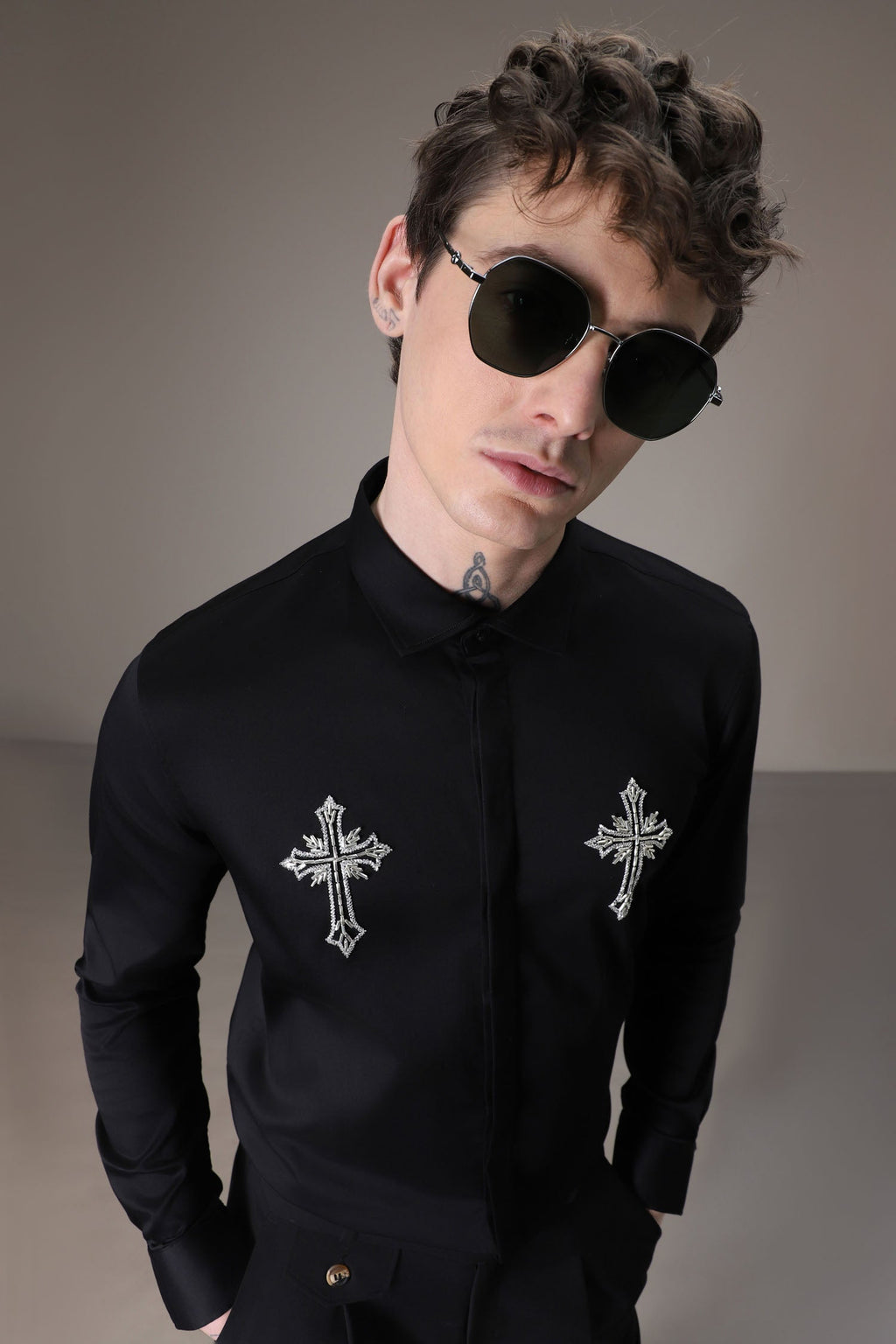 Cross hand embroidered designer shirt - Black