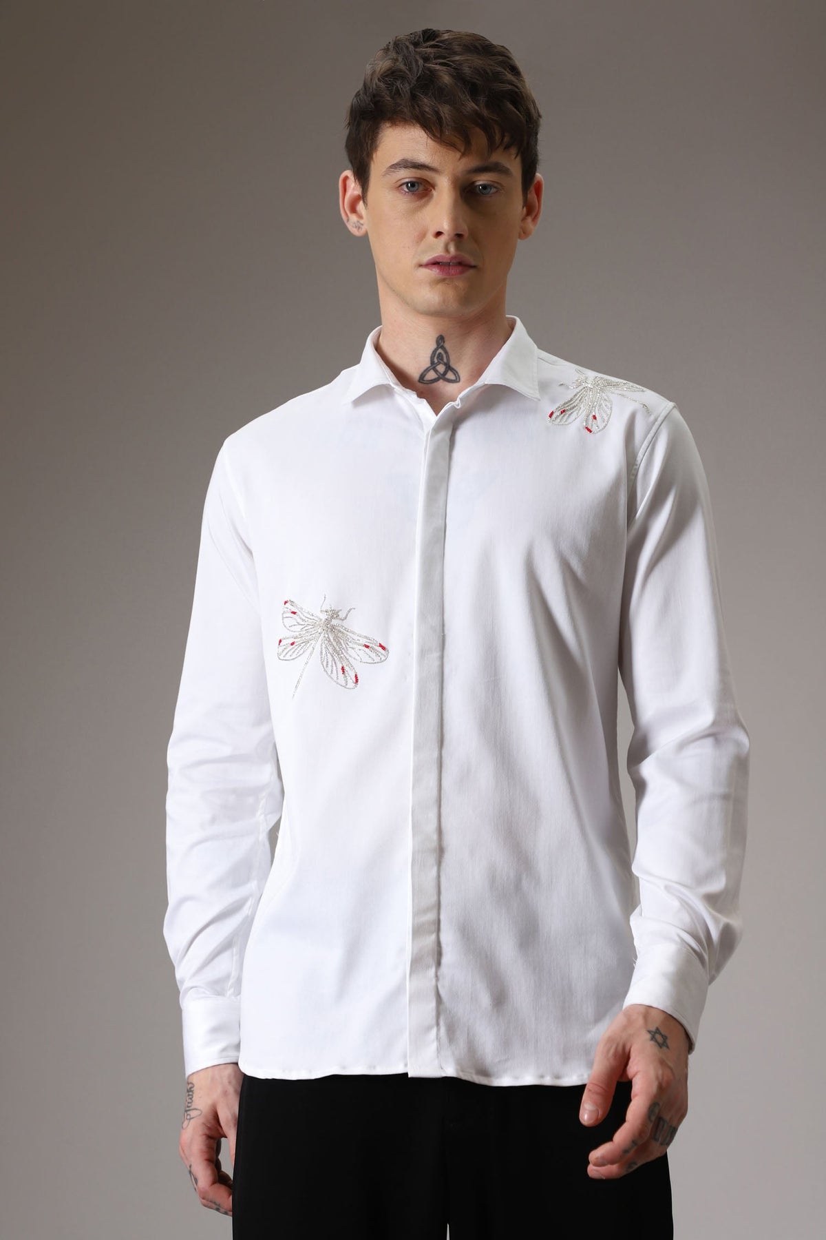 Dragonflies hand embroidered designer shirt - White