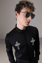 Cross hand embroidered designer shirt - Black