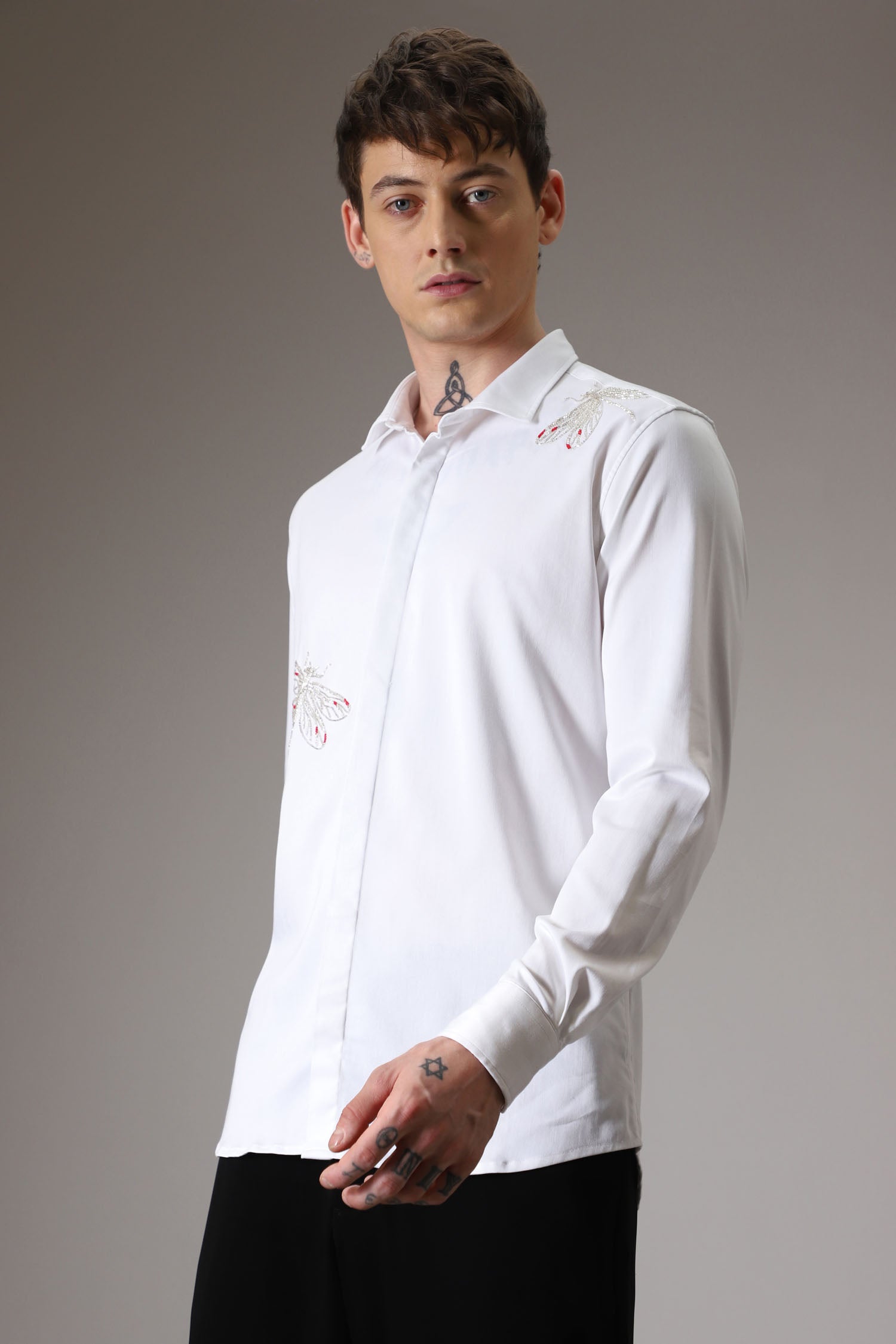 Dragonflies hand embroidered designer shirt -White