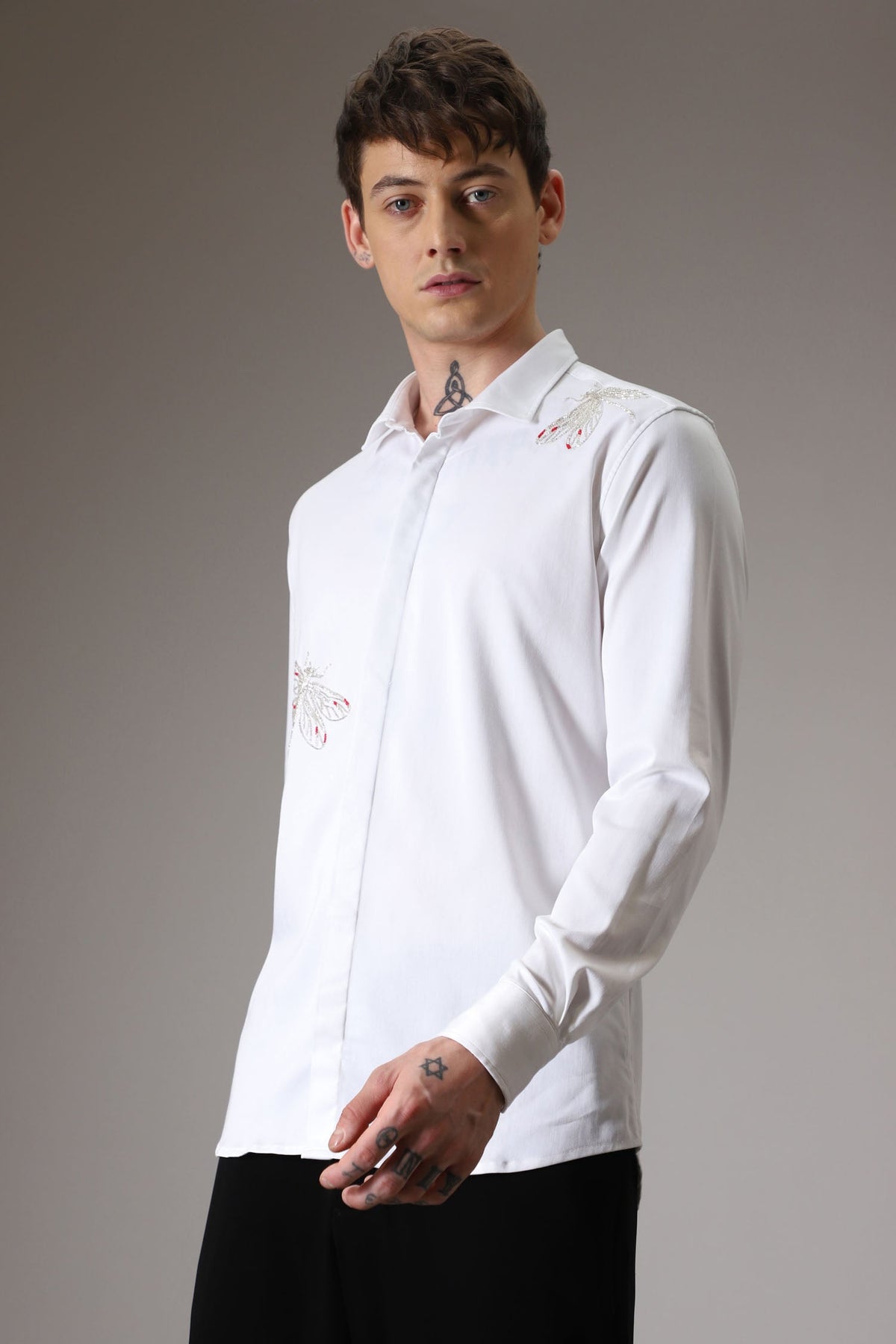 Dragonflies hand embroidered designer shirt - White