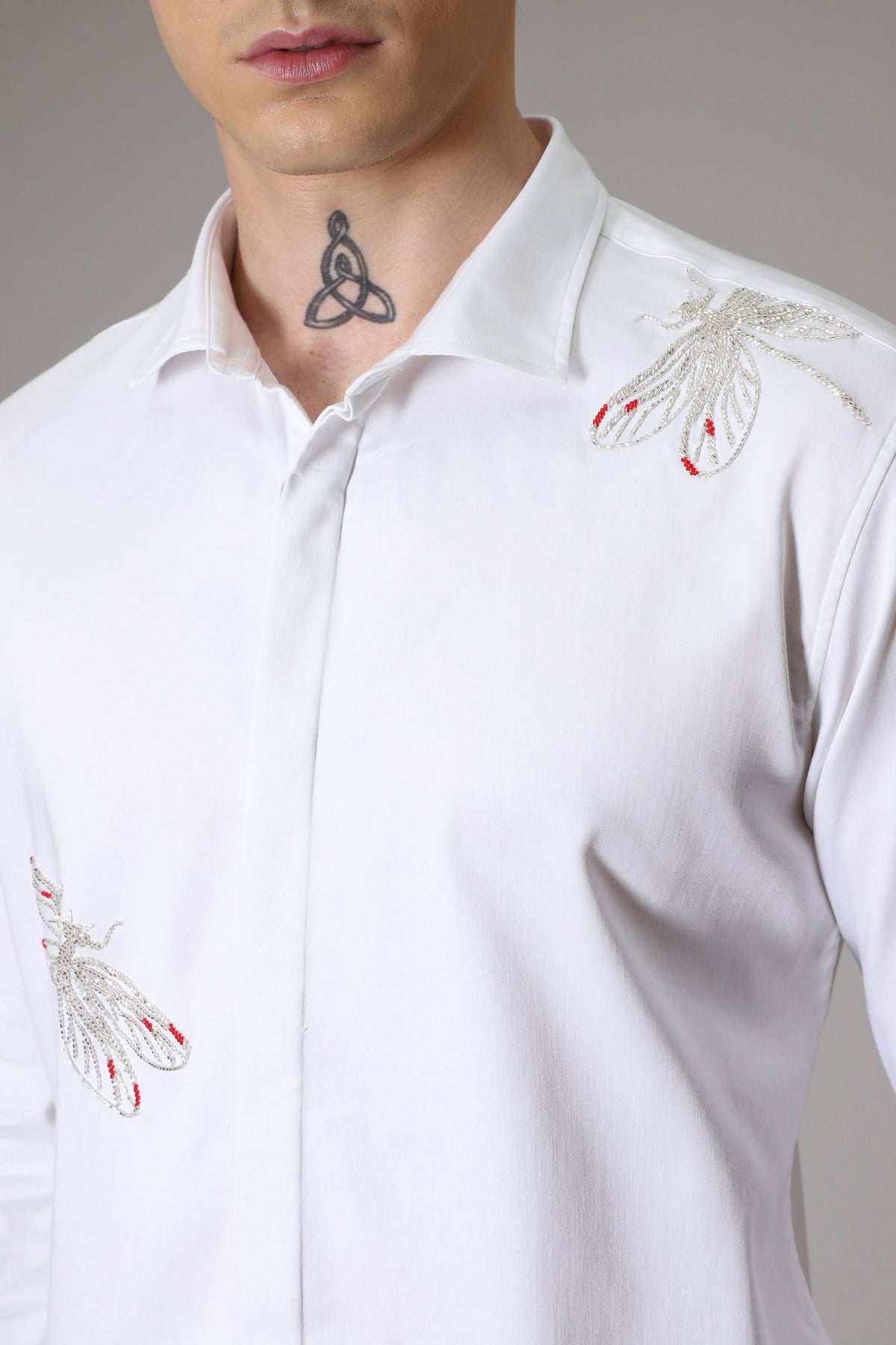 Dragonflies hand embroidered designer shirt - White