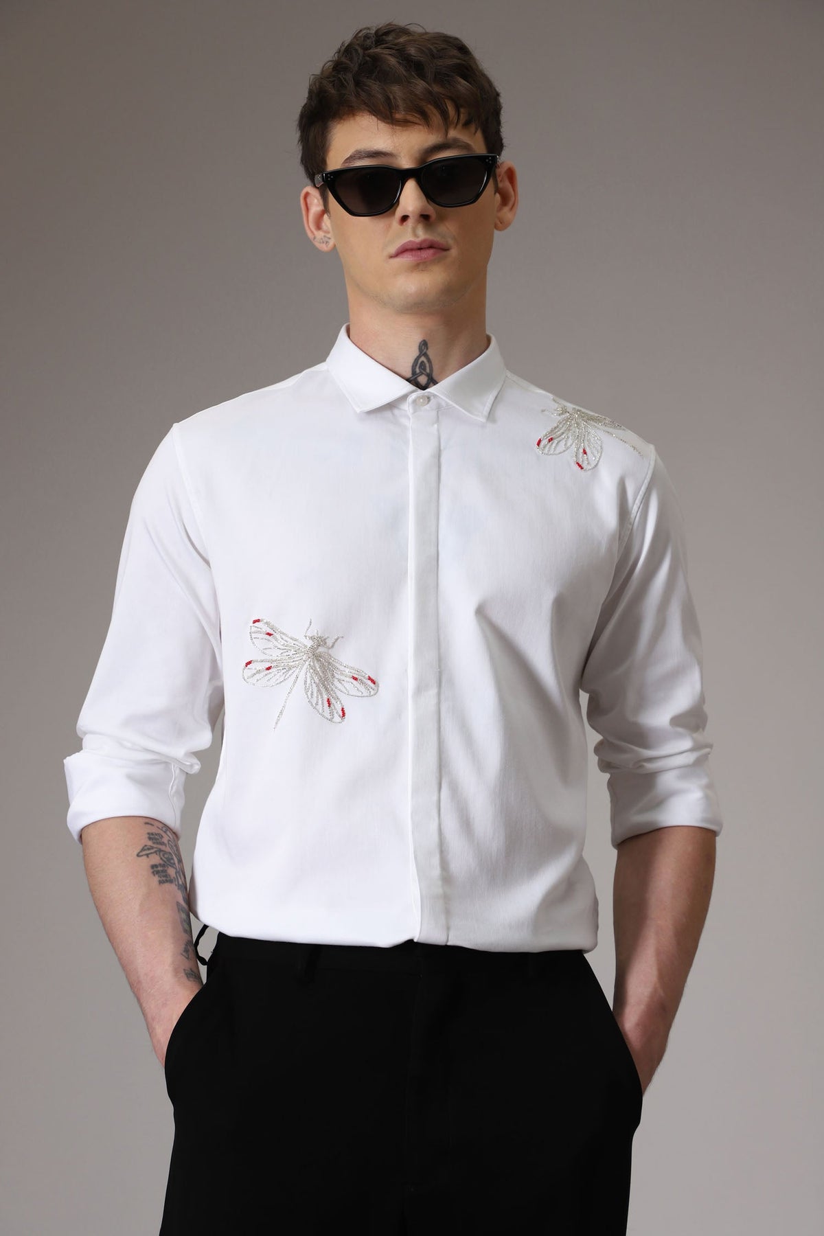 Dragonflies hand embroidered designer shirt - White
