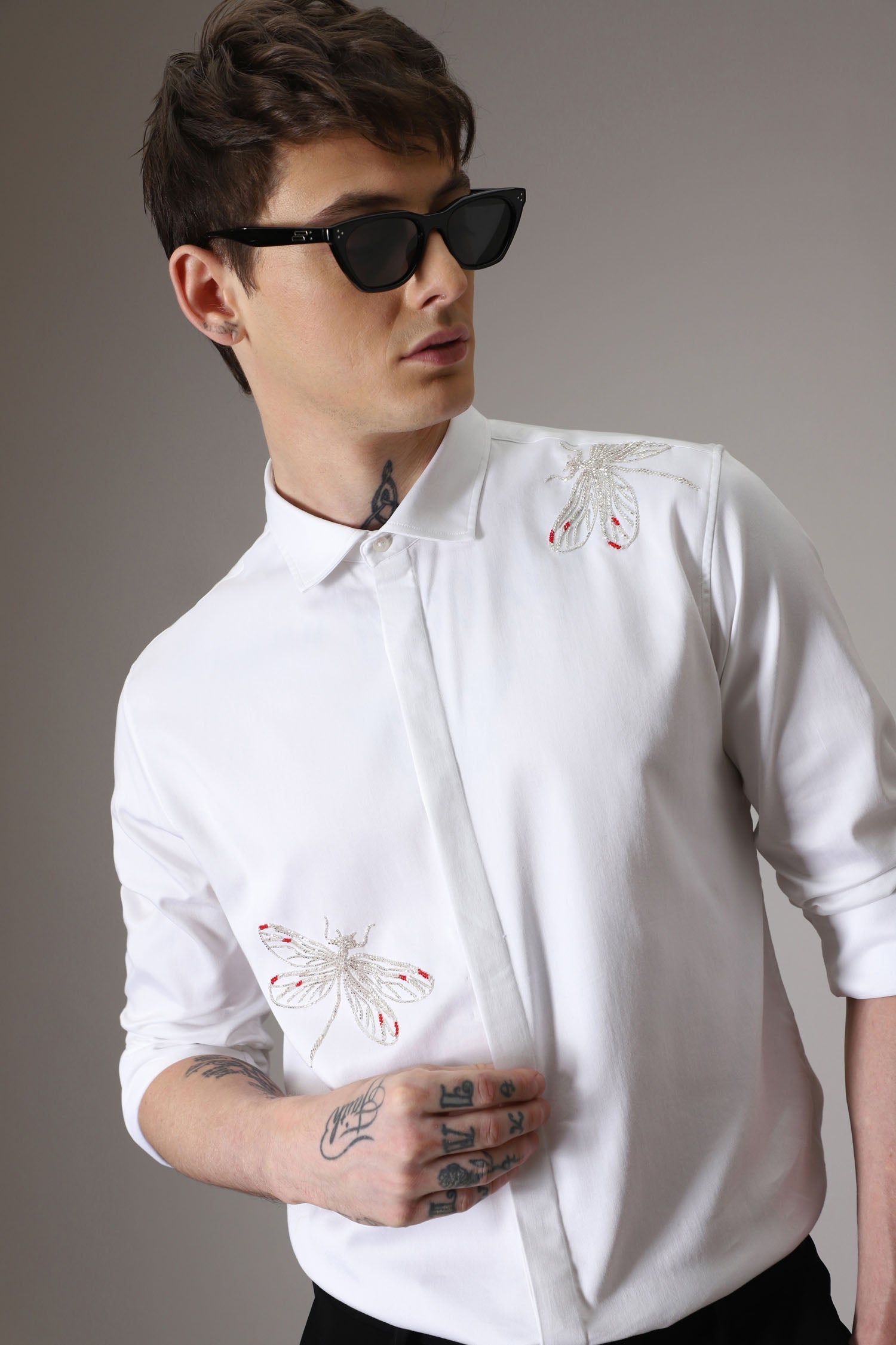 Dragonflies hand embroidered designer shirt -White