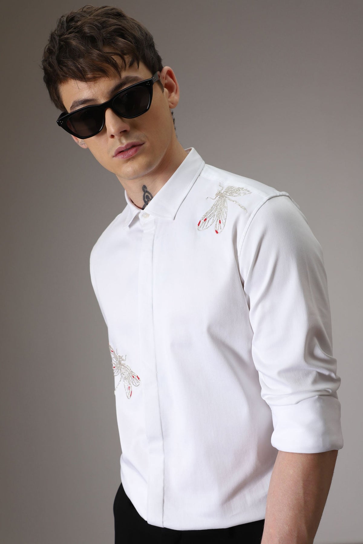 Dragonflies hand embroidered designer shirt - White