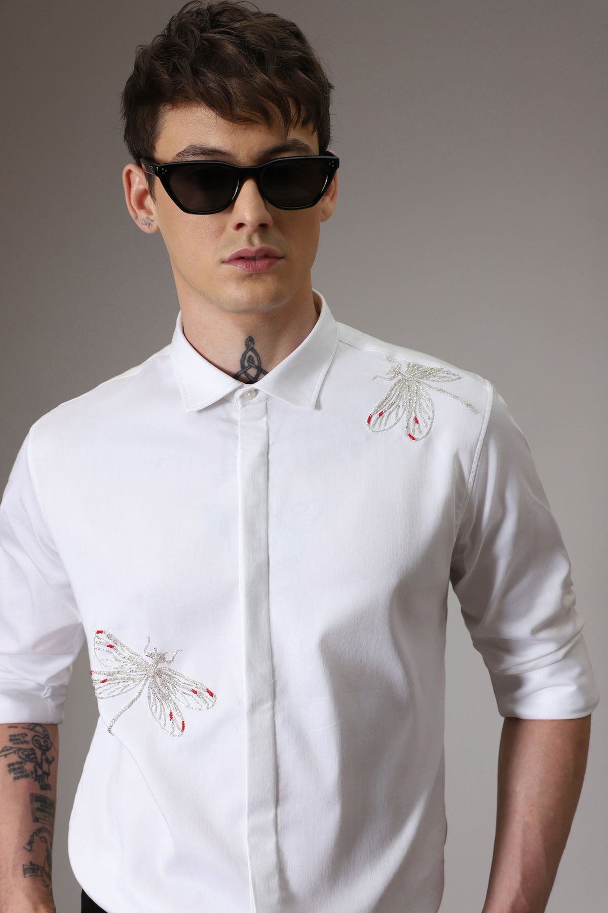 Dragonflies hand embroidered designer shirt - White