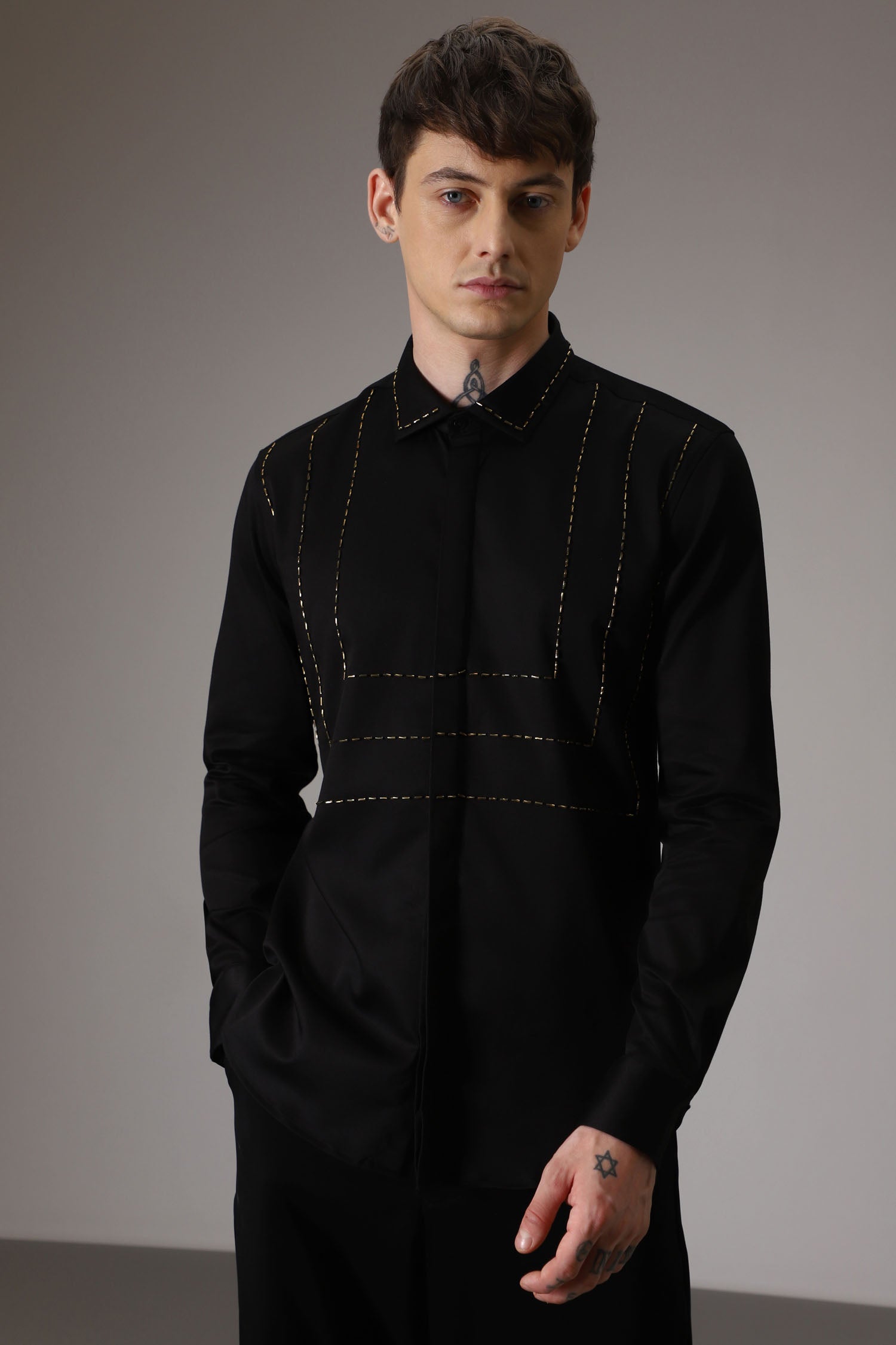 3 Lines hand embroidered designer shirt -Black