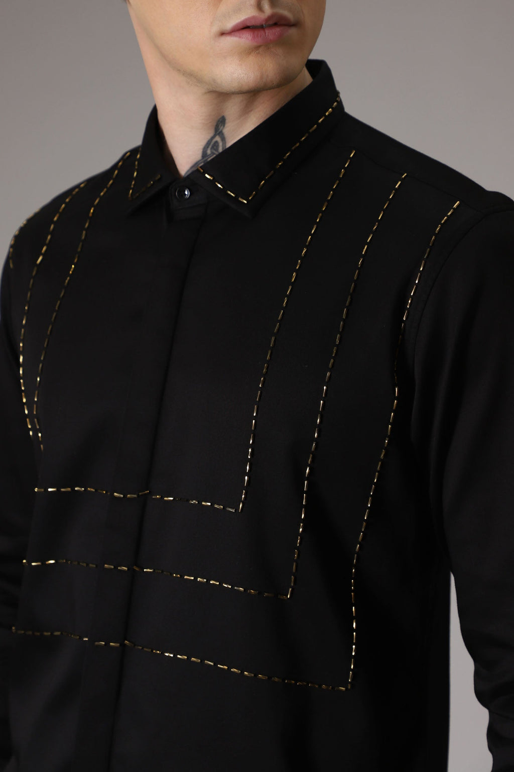 3 Lines hand embroidered designer shirt -Black