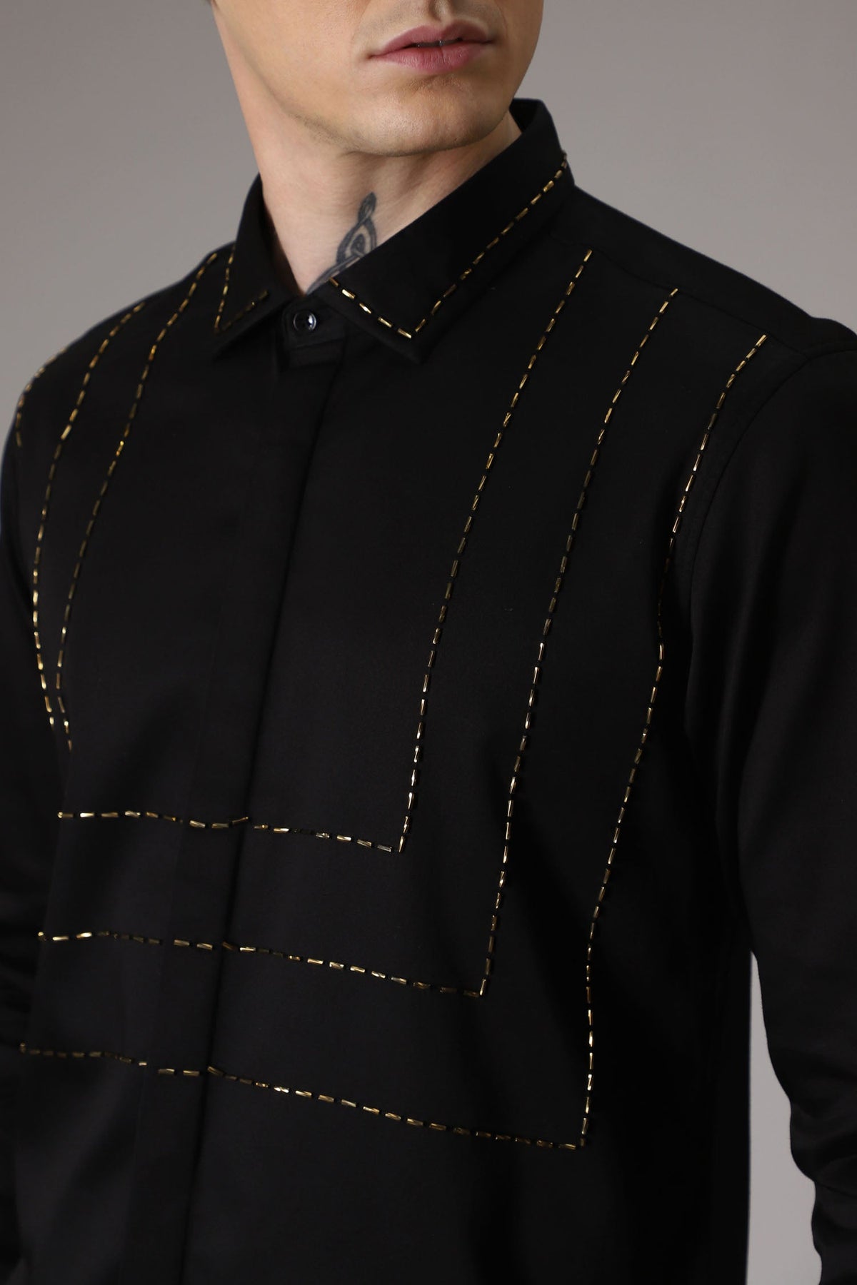 3 Lines hand embroidered designer shirt - Black