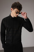 3 Lines hand embroidered designer shirt - Black