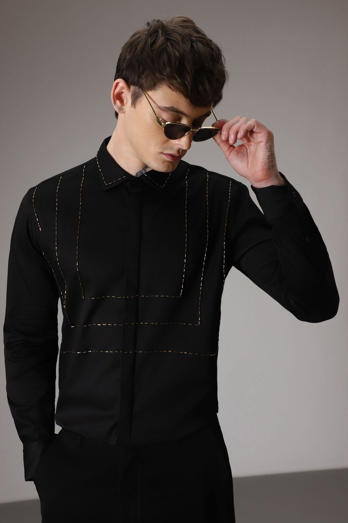 3 Lines hand embroidered designer shirt - Black