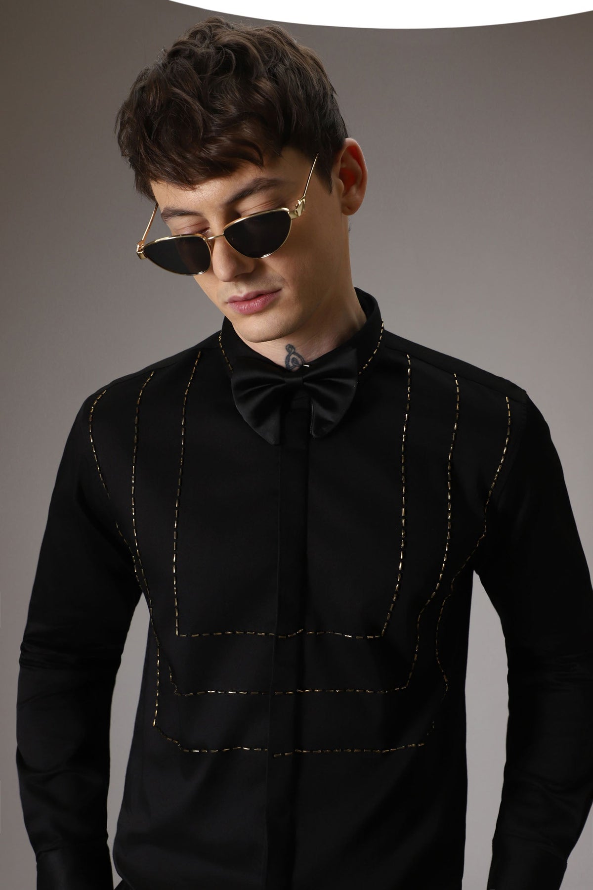 3 Lines hand embroidered designer shirt - Black