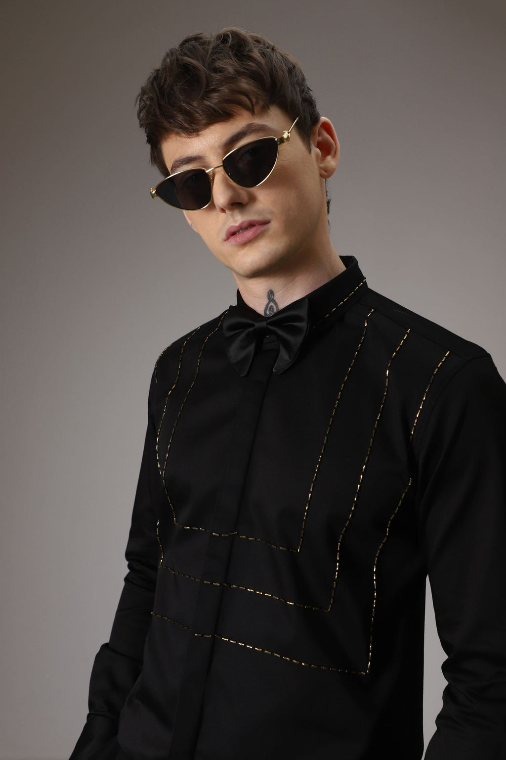 3 Lines hand embroidered designer shirt -Black