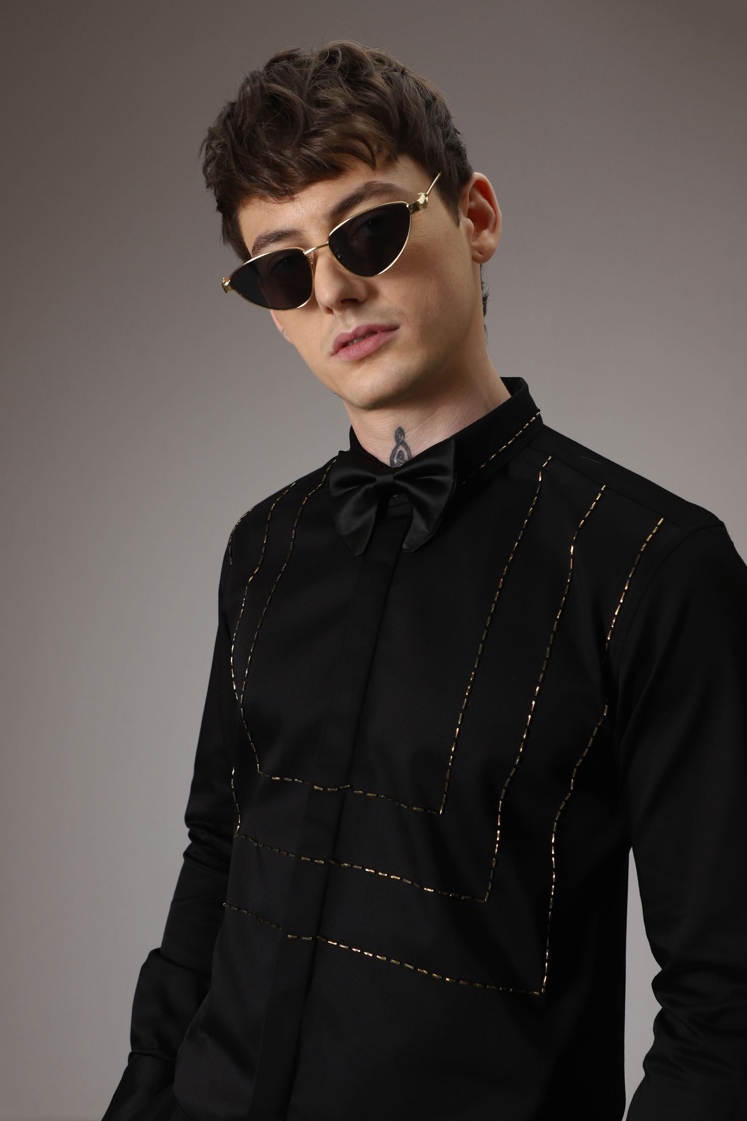 3 Lines hand embroidered designer shirt -Black