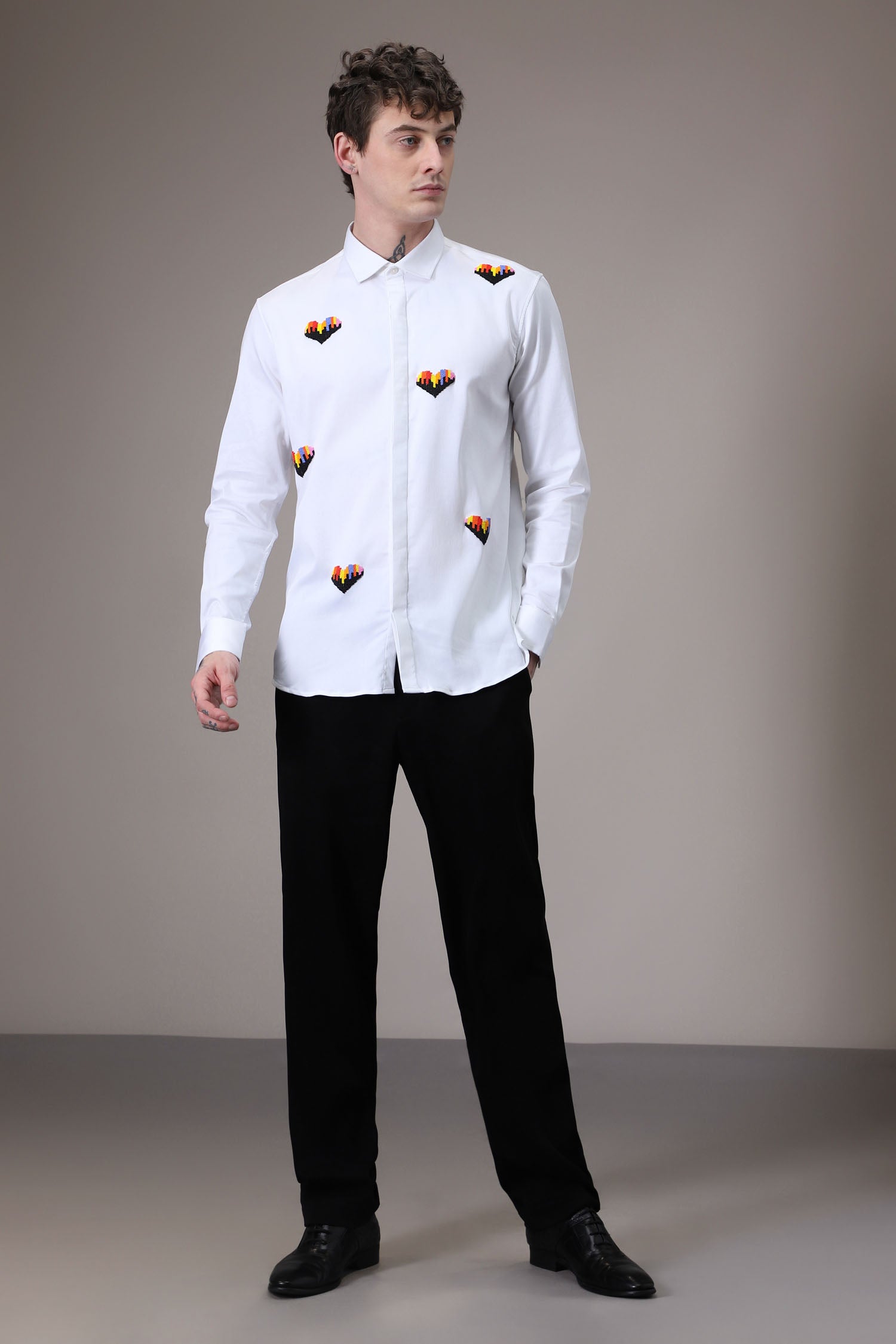 Hearts Hand Embroidered Designer Shirt - White