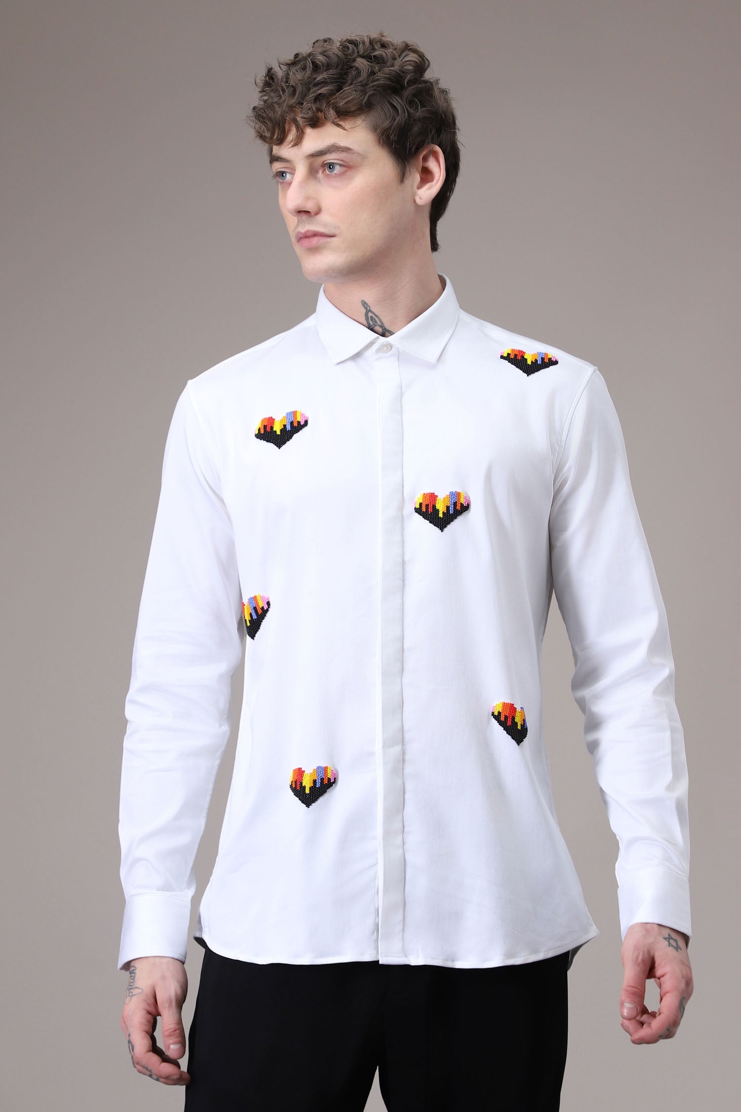 Hearts Hand Embroidered Designer Shirt - White