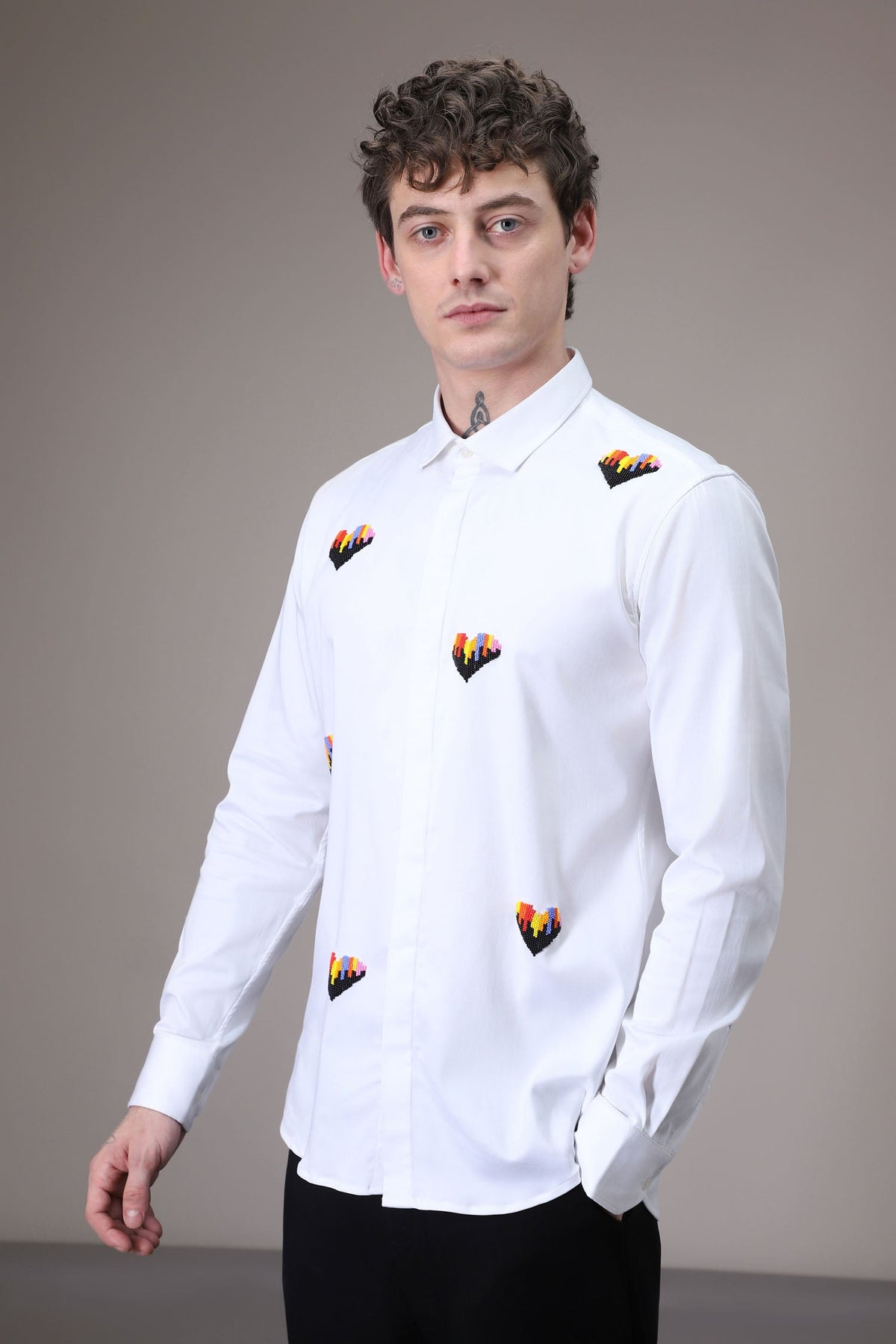 Hearts Hand Embroidered Designer Shirt - White
