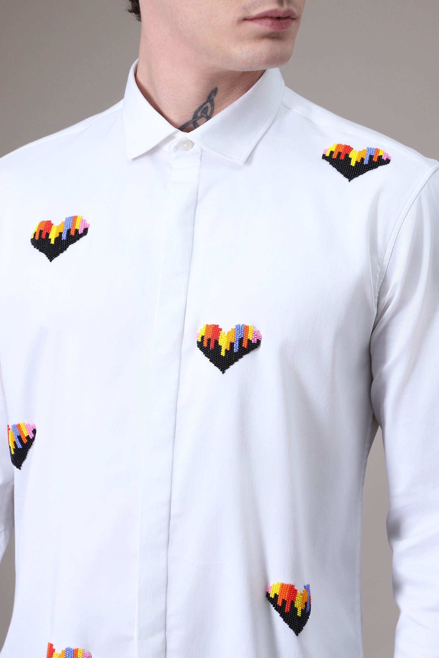 Hearts Hand Embroidered Designer Shirt - White