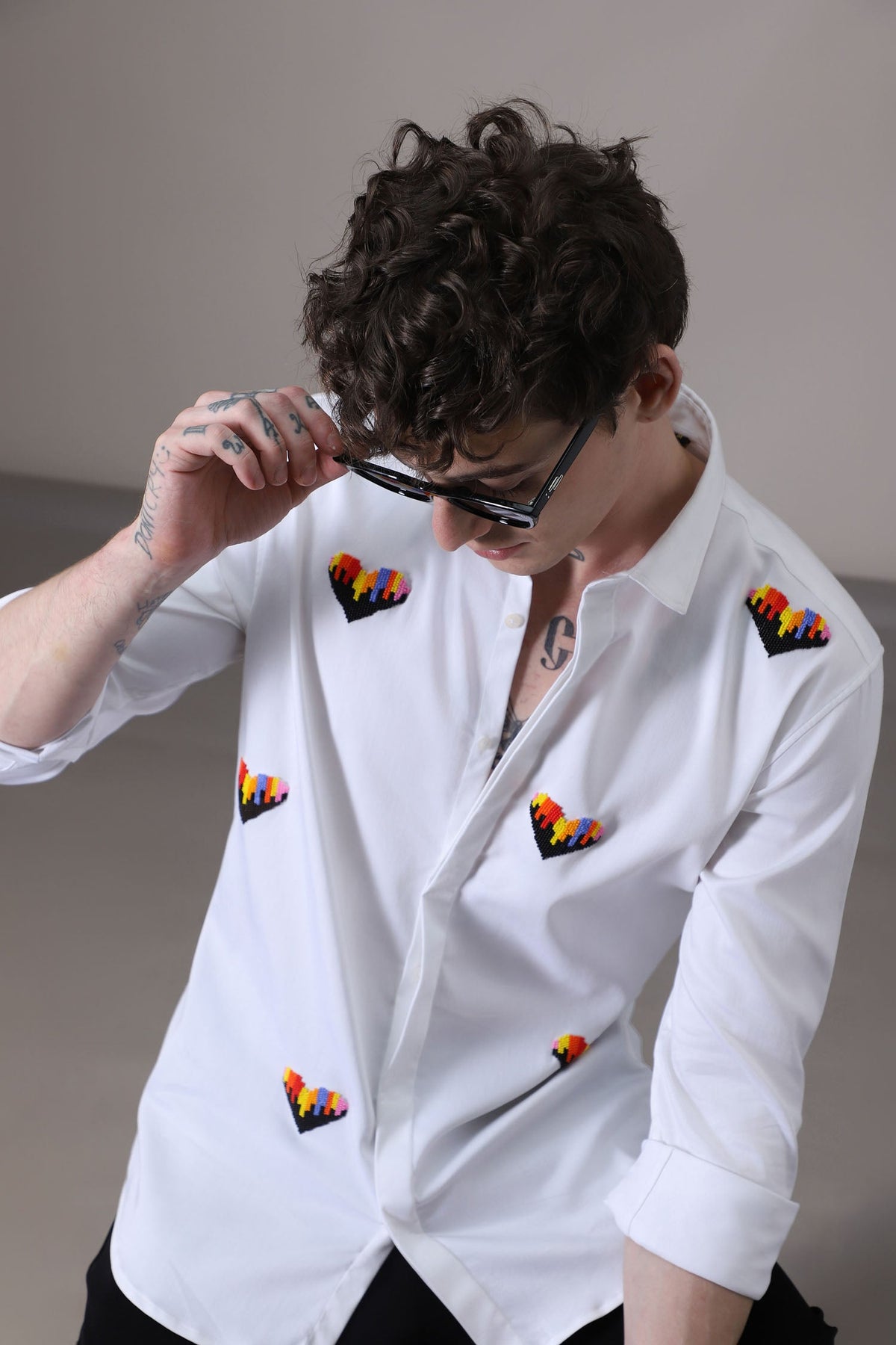 Hearts Hand Embroidered Designer Shirt - White