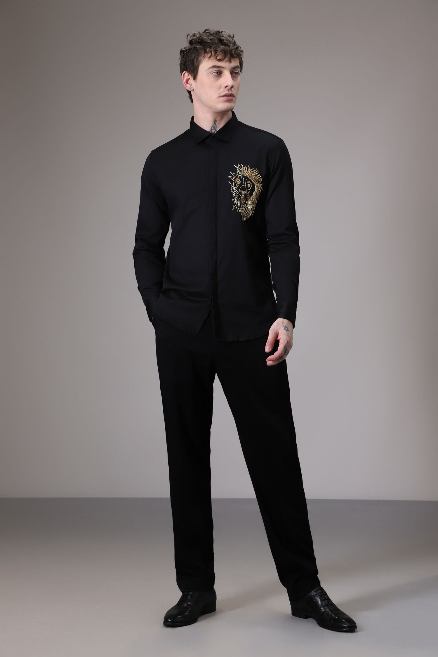 Abstract Lion Fully Embellished hand embroidered designer shirt - Black