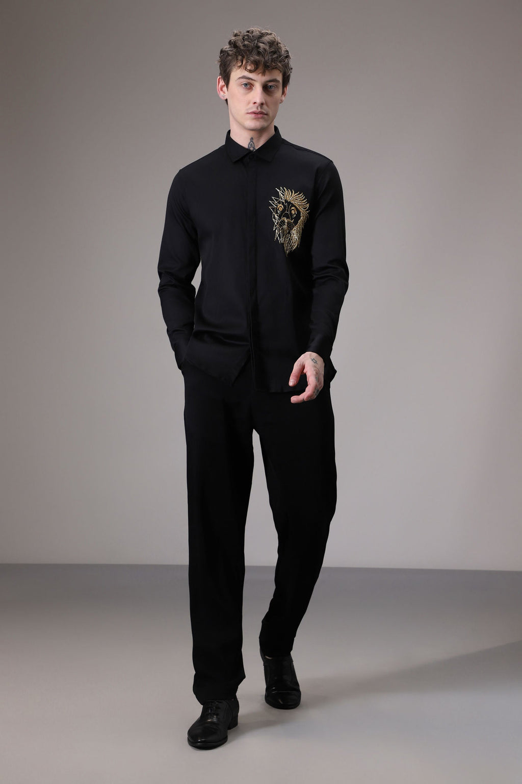 Abstract Lion Fully Embellished hand embroidered designer shirt - Black