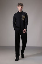 Abstract Lion Fully Embellished hand embroidered designer shirt - Black