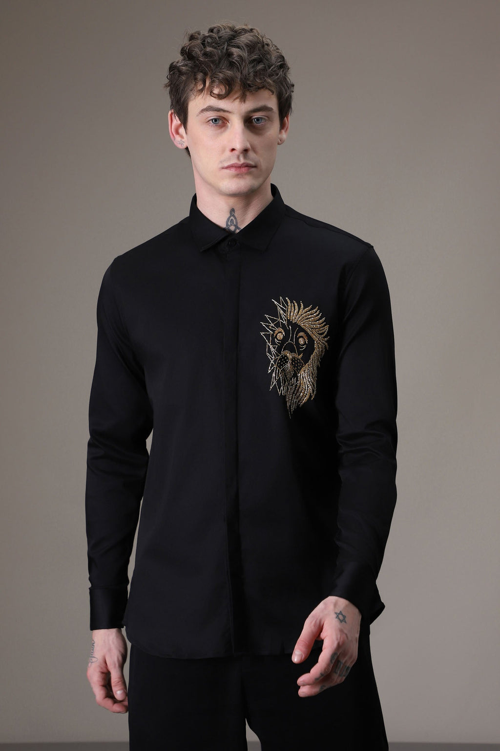 Abstract Lion Fully Embellished hand embroidered designer shirt - Black