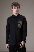 Abstract Lion Fully Embellished hand embroidered designer shirt - Black