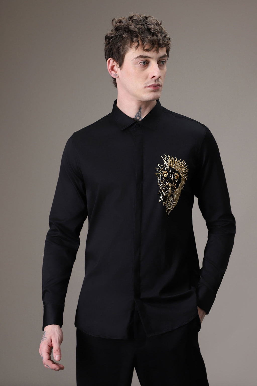 Abstract Lion Fully Embellished hand embroidered designer shirt - Black