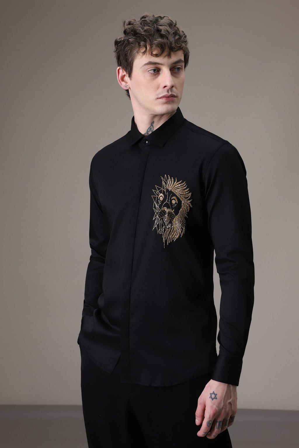 Abstract Lion Fully Embellished hand embroidered designer shirt - Black