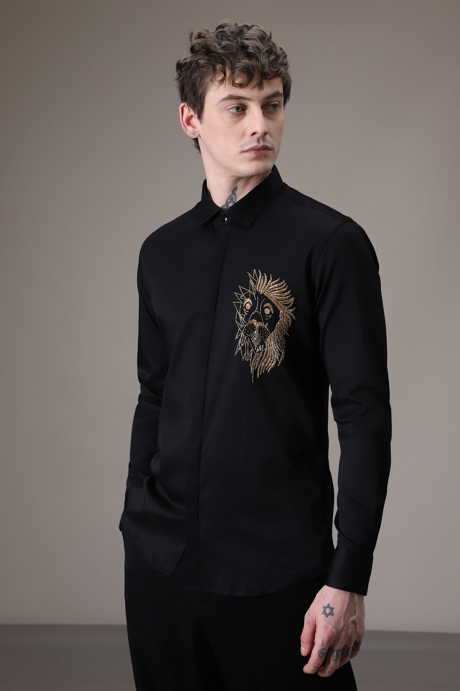 Abstract Lion Fully Embellished hand embroidered designer shirt - Black