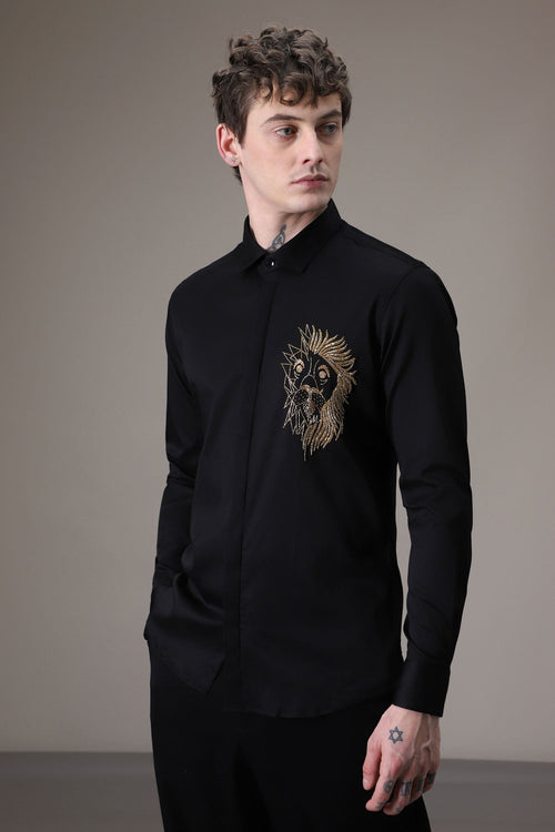 Abstract Lion Fully Embellished hand embroidered designer shirt - Black