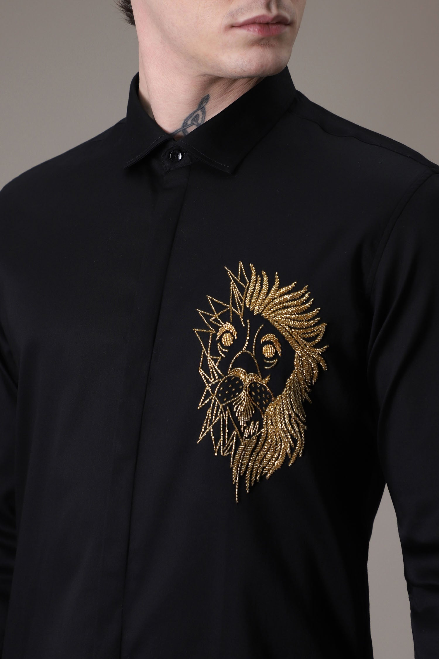 Abstract Lion Fully Embellished hand embroidered designer shirt - Black