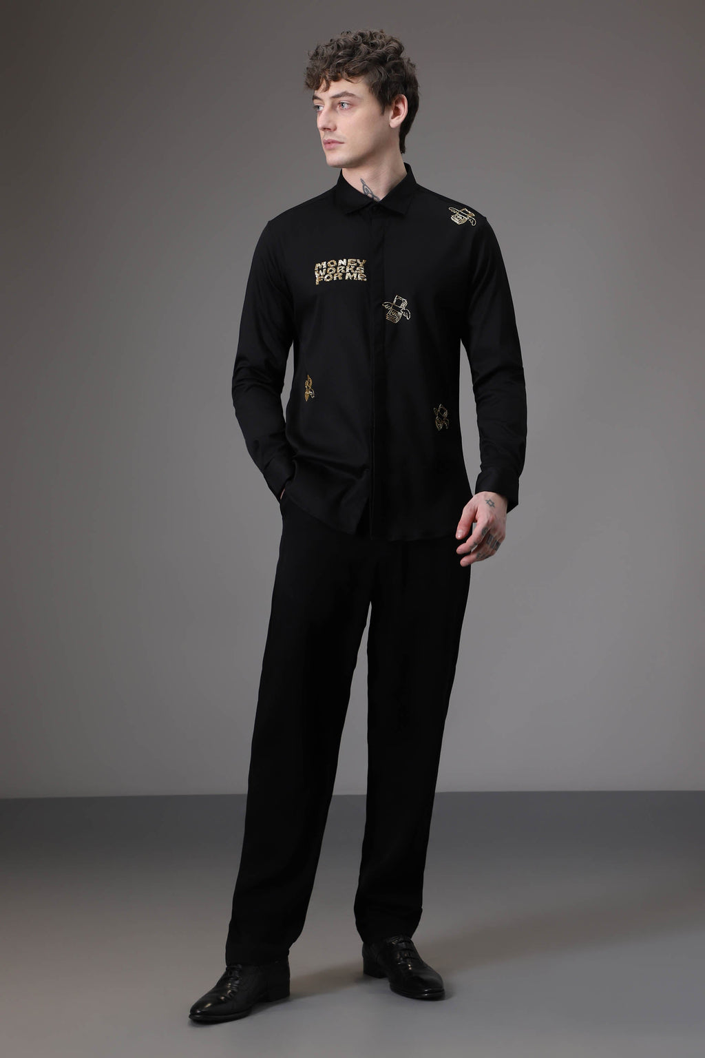 Money Work For Me hand embroidered designer shirt - Black