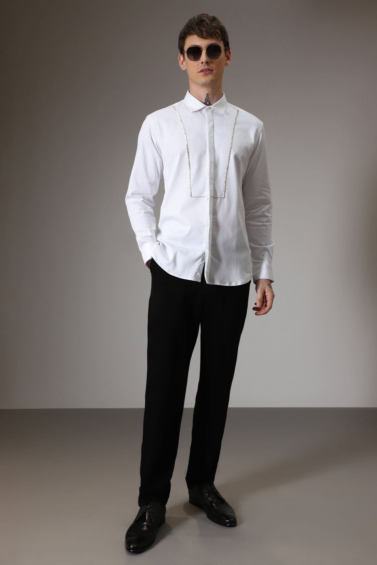 Pintuck hand embroidered designer shirt - White