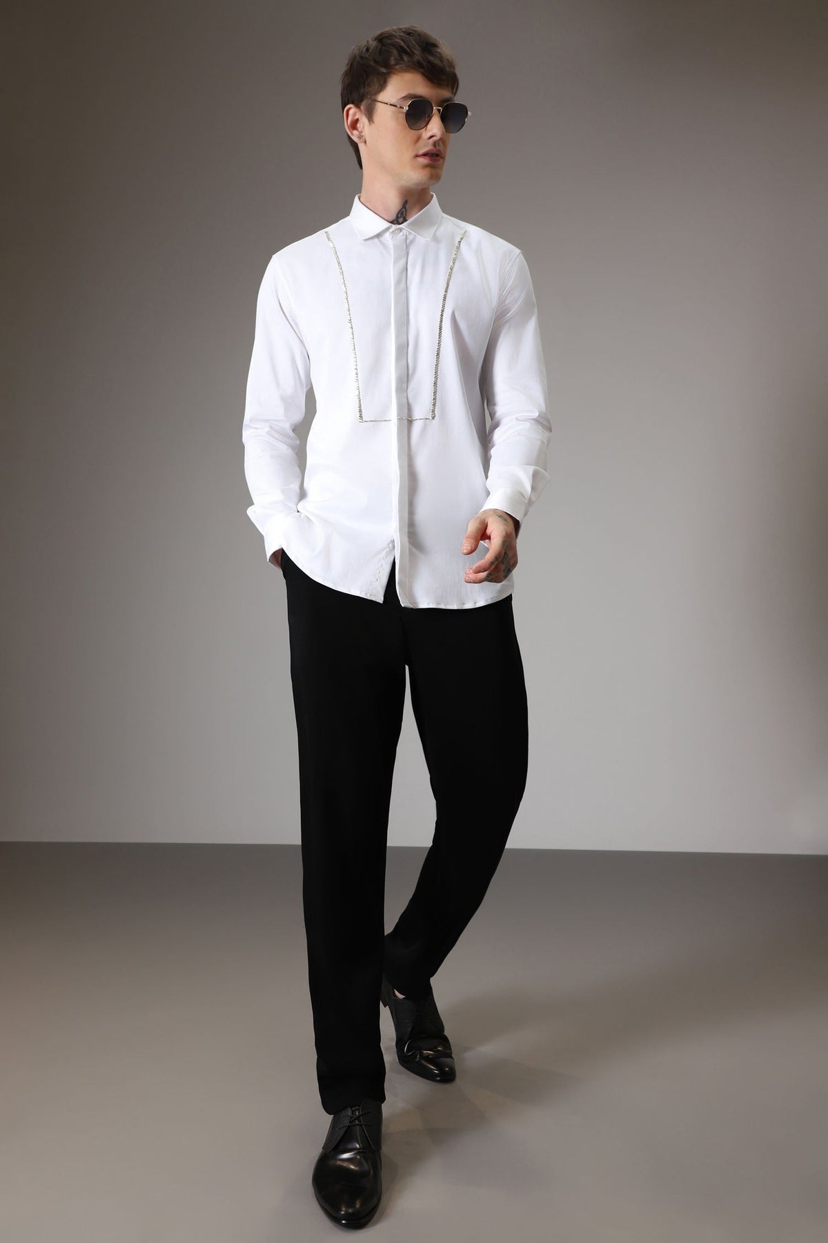 Pintuck hand embroidered designer shirt - White