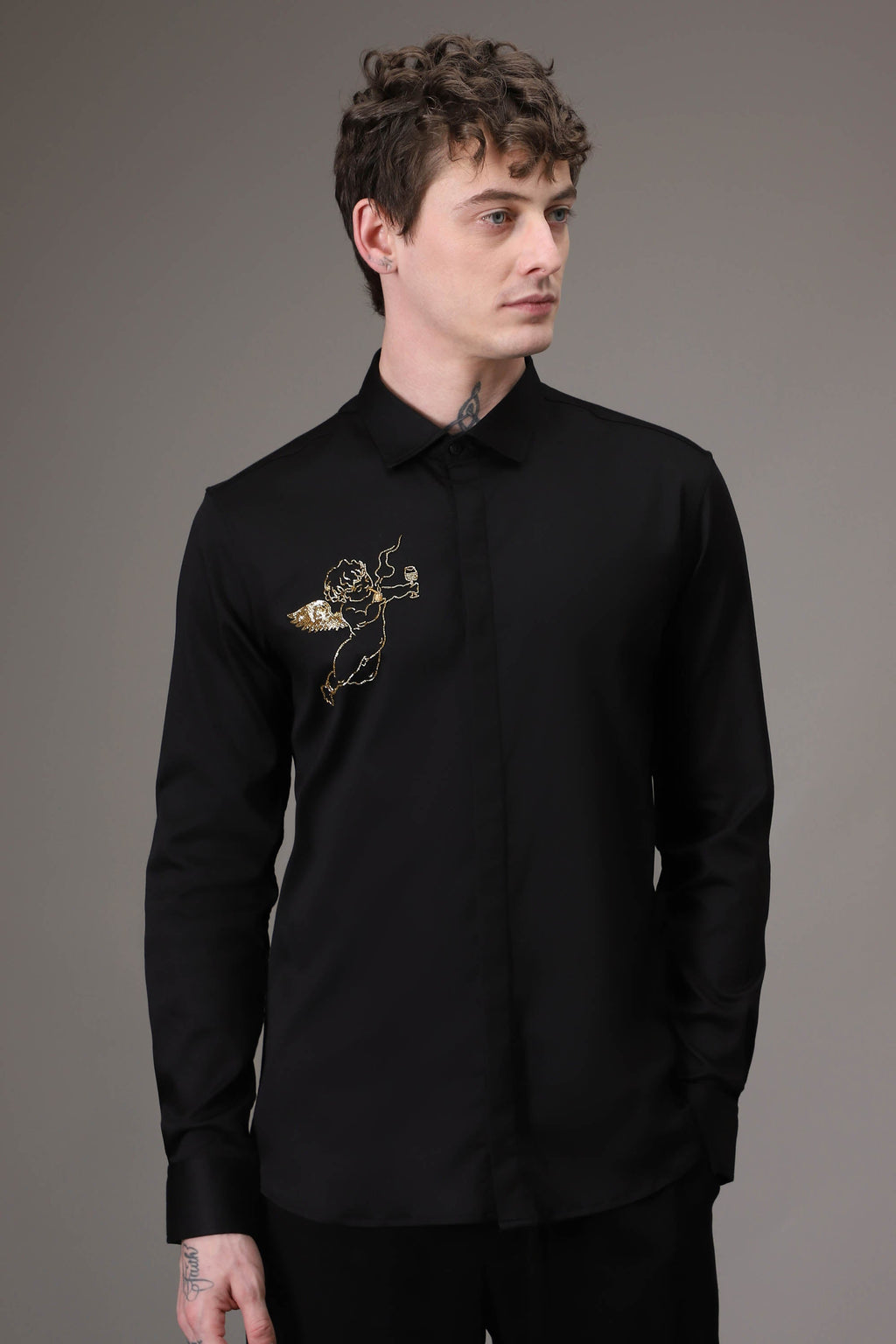 Cupid Black hand embroidered designer shirt - Black