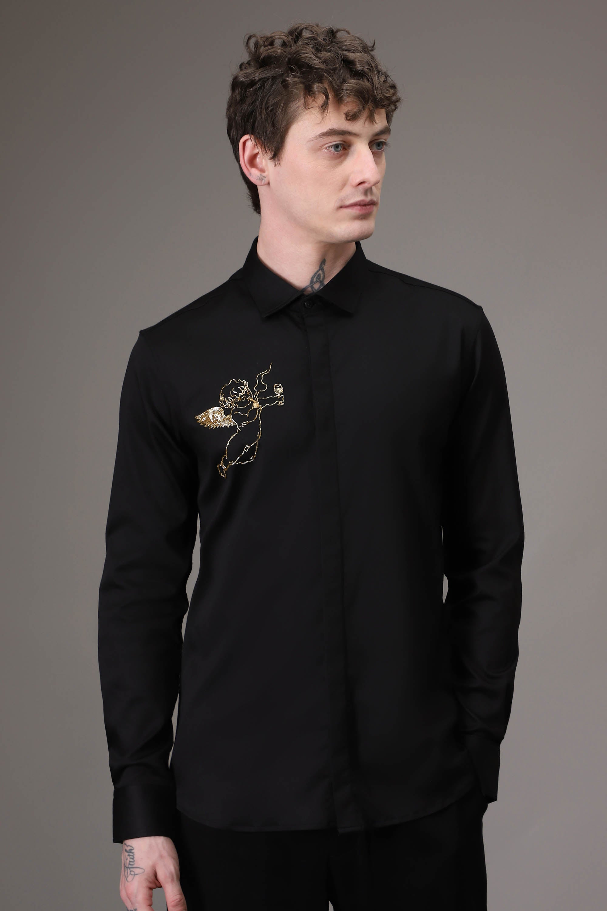 Cupid Black hand embroidered designer shirt - Black